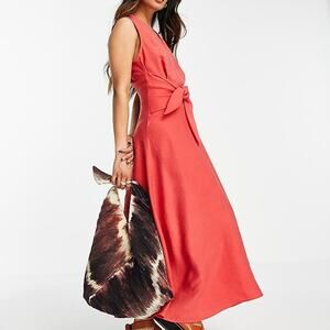 NWT Mango Sleeveless Red Tie Front Midi Dress Lightweight‎ Linen Blend Size S